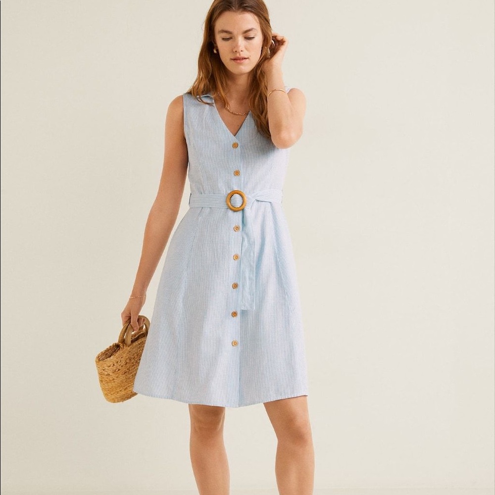 Mango Belt Blue Linen Dress